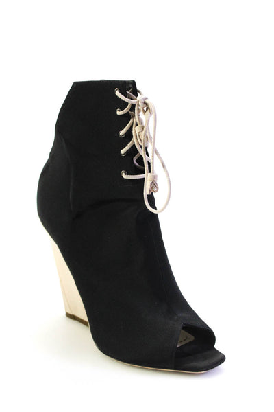 Christian Dior Womens Peep Toe Twill Lace Up Chunky Heel Booties Black Size 40 1