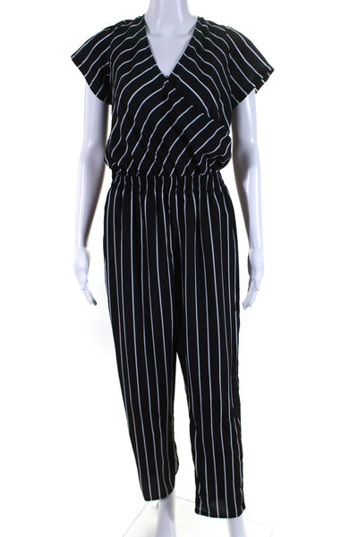 Ellelauri Womens Short Sleeve Striped V Neck Jumpsuit Black Size M