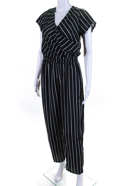 Ellelauri Womens Short Sleeve Striped V Neck Jumpsuit Black Size M