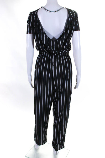 Ellelauri Womens Short Sleeve Striped V Neck Jumpsuit Black Size M