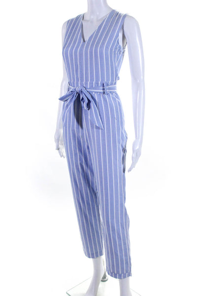 Ellelauri Womens Cotton Sleeveless V Neck Belted Jumpsuit Blue Size L