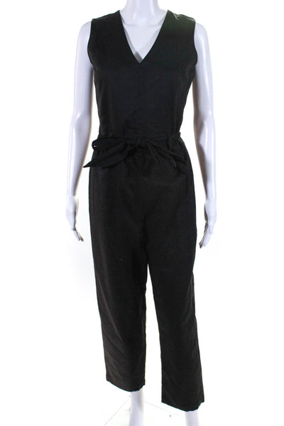 Ellelauri Womens Cotton Sleeveless V Neck Belted Jumpsuit Black Size M