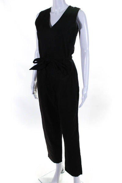 Ellelauri Womens Cotton Sleeveless V Neck Belted Jumpsuit Black Size M