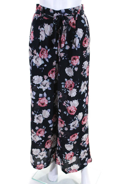 Ellelauri Womens High Rise Floral Print Belted Wide Leg Pants Blue Size S