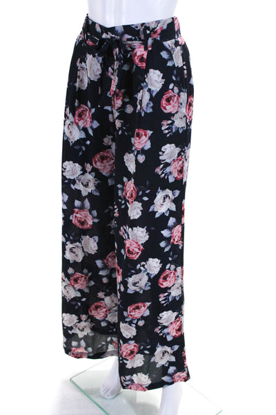 Ellelauri Womens High Rise Floral Print Belted Wide Leg Pants Blue Size S