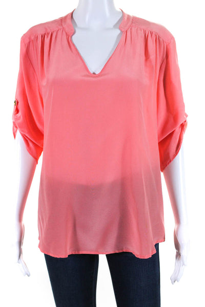 Ellelauri Womens Silk Long Sleeve V Neck Blouse Pink Coral Size XL