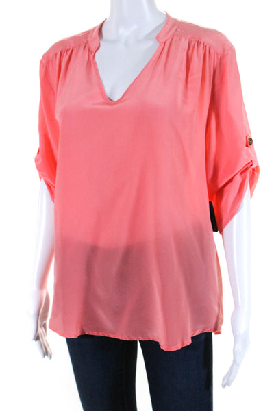 Ellelauri Womens Silk Long Sleeve V Neck Blouse Pink Coral Size XL