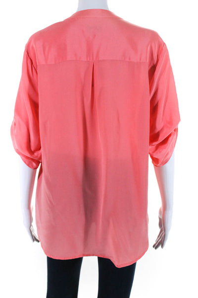 Ellelauri Womens Silk Long Sleeve V Neck Blouse Pink Coral Size XL