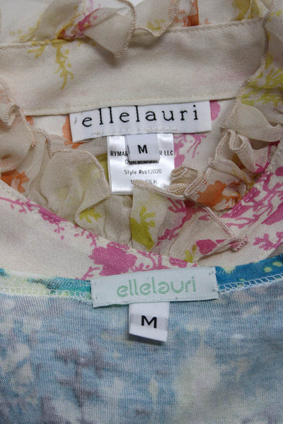 Ellelauri Womens Silk Floral Print Ruffle Trim Blouse Beige Size M Lot 2