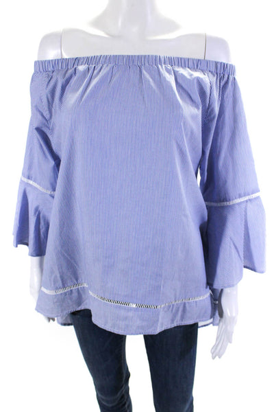 Ellelauri Women's Off The Shoulder Bell Sleeves Blue Stripe Blouse Size L