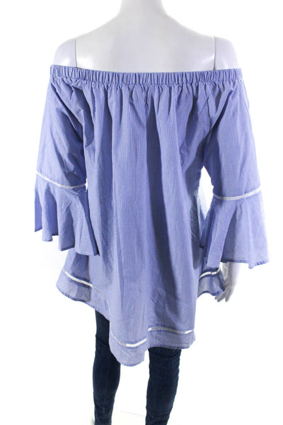 Ellelauri Women's Off The Shoulder Bell Sleeves Blue Stripe Blouse Size L