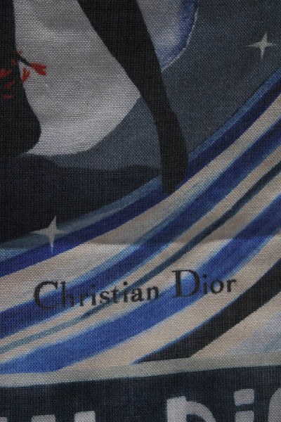 Christian Dior Womens Fringe Trim Underwater Motif Star Logo Scarf Navy Gray