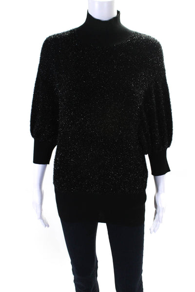 By Malene Birger Womens Short Dolman Sleeve Tinsel Turtleneck Sweater Black XS