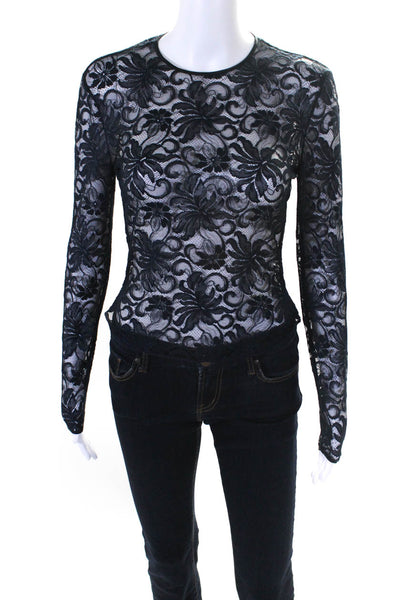 Designer Womens Long Sleeve Crew Neck Sheer Lace Top Blouse Navy Size Small