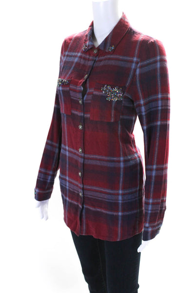 Designer Womens Sequin Embellished Skull Button Flannel Shirt Blouse Red Medium