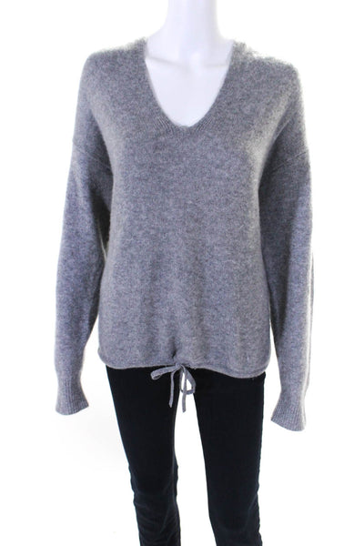 Theory Womens V Neck Hooded Oversize Drawstring Sweater Gray Cashmere Size Small