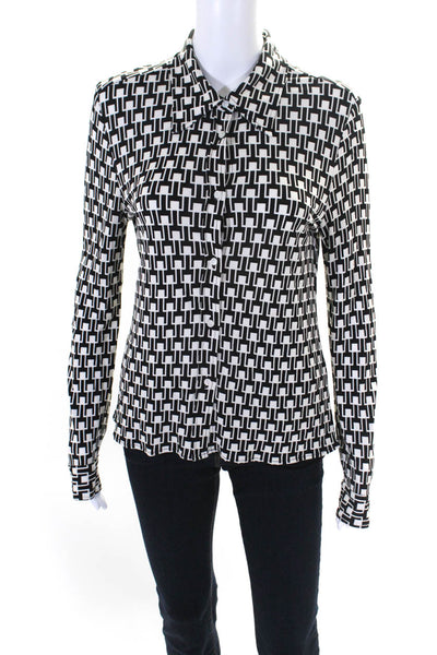 Nili Lotan Womens Geometric Knit Button Up Top Blouse Black White Size Medium