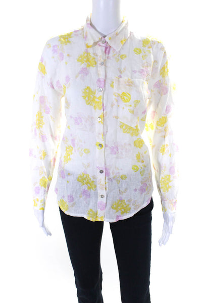 FRNCH Womens Long Sleeve Floral Button Up Top Blouse White Pink Yellow Linen XS