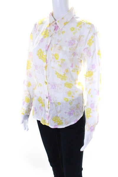 FRNCH Womens Long Sleeve Floral Button Up Top Blouse White Pink Yellow Linen XS