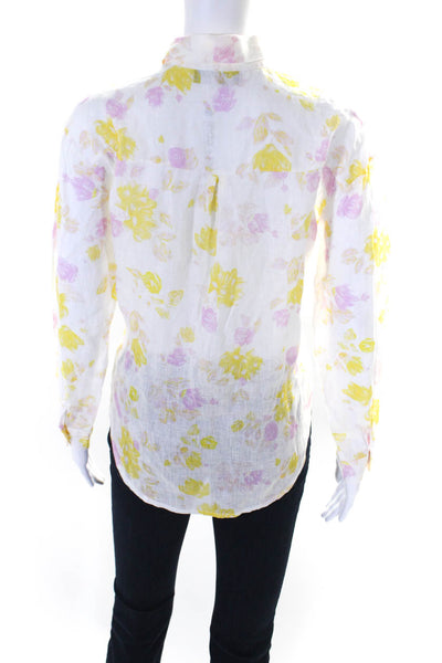 FRNCH Womens Long Sleeve Floral Button Up Top Blouse White Pink Yellow Linen XS