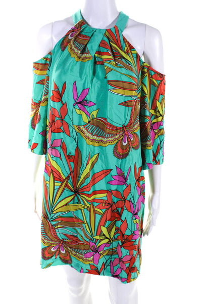 Trina Turk Womens Short Sleeve Cold Shoulder Floral Dress Teal Multi Size Medium