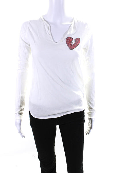 Zadig & Voltaire Womens Long Sleeve V Neck Heartbreaker Tee Shirt White Size XS