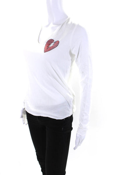 Zadig & Voltaire Womens Long Sleeve V Neck Heartbreaker Tee Shirt White Size XS