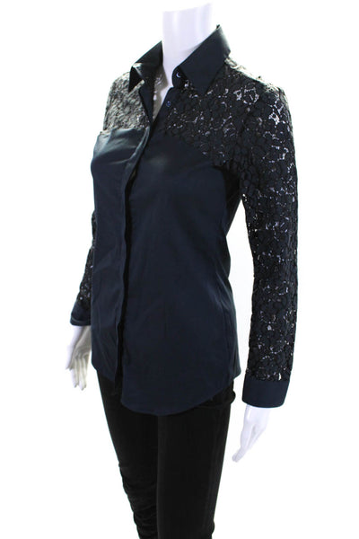 Aglini Womens Button Front Collared Lace Trim Shirt Navy Blue Cotton Size IT 40