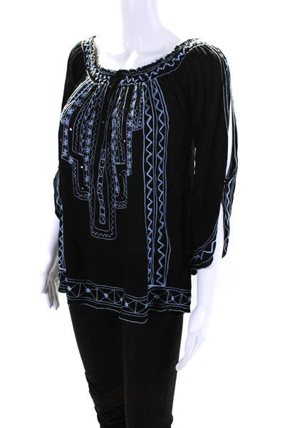 Poupette St. Barth Womens 3/4 Sleeve Off Shoulder Top Black Blue Size Medium