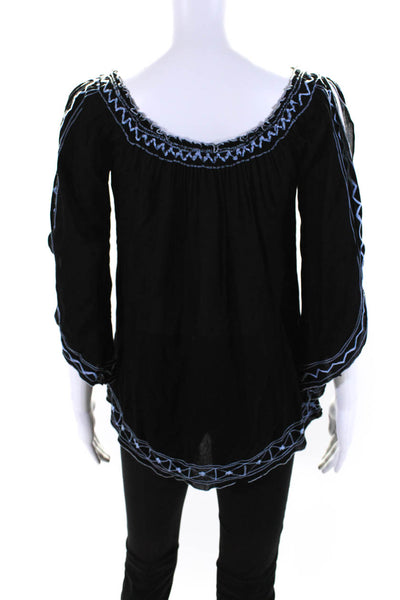 Poupette St. Barth Womens 3/4 Sleeve Off Shoulder Top Black Blue Size Medium