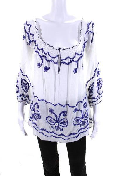 Poupette St. Barth Womens Off Shoulder Embroidered Top White Blue Size Medium