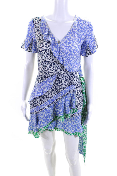 Tanya Taylor Womens Short Sleeve Belted Ruffled Floral Silk Dress Blue White 0