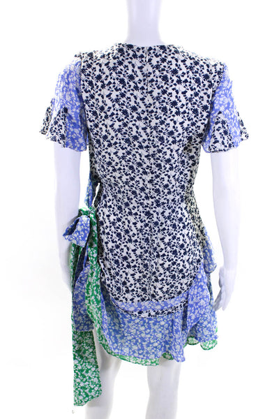 Tanya Taylor Womens Short Sleeve Belted Ruffled Floral Silk Dress Blue White 0