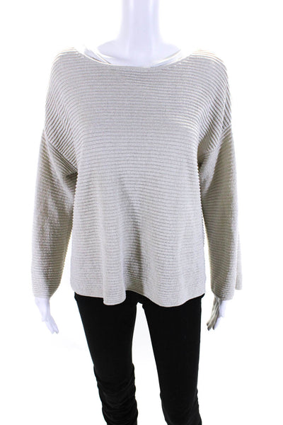 Eileen Fisher Womens 3/4 Sleeve Scoop Neck Metallic Knit Sweatshirt Gray Large