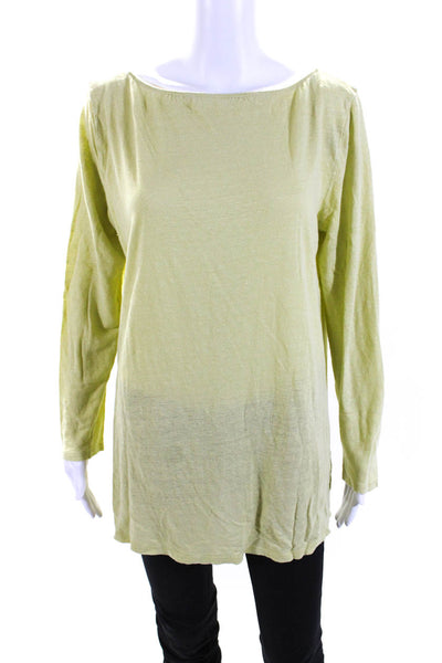 Eileen Fisher Womens Long Sleeve Scoop Neck Linen Tee Shirt Green Size Large