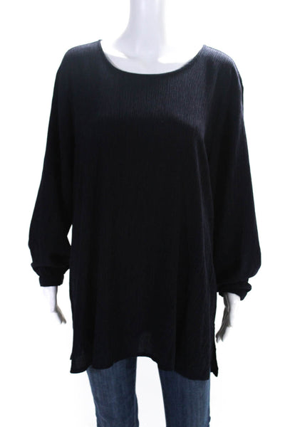 Eileen Fisher Womens Plisse Long Sleeve Crew Neck Tunic Blouse Navy Size XL