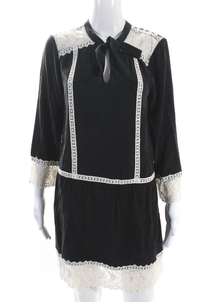 Joie Womens 3/4 Sleeve V Neck Lace Trim Silk Dress Black White Size Small