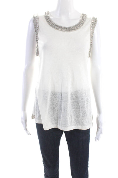 Generation Love Womens Sleeveless Scop Neck Beaded Crystal Trim Top White Medium