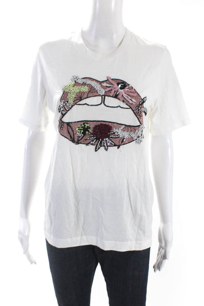 Markus Lupfer Womens Short Sleeve Embellished Lips Tee Shirt White Cotton Small