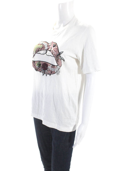 Markus Lupfer Womens Short Sleeve Embellished Lips Tee Shirt White Cotton Small