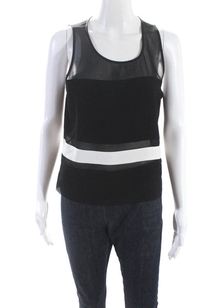 Parker Womens Sleeveless Scoop Neck Sheer Trim Top Black White Silk Size Medium