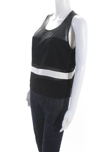 Parker Womens Sleeveless Scoop Neck Sheer Trim Top Black White Silk Size Medium