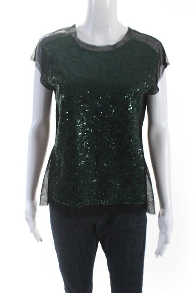 BCBGMAXAZRIA Womens Cap Sleeve Crew Neck Sequin Mesh Top Black Green Size Small