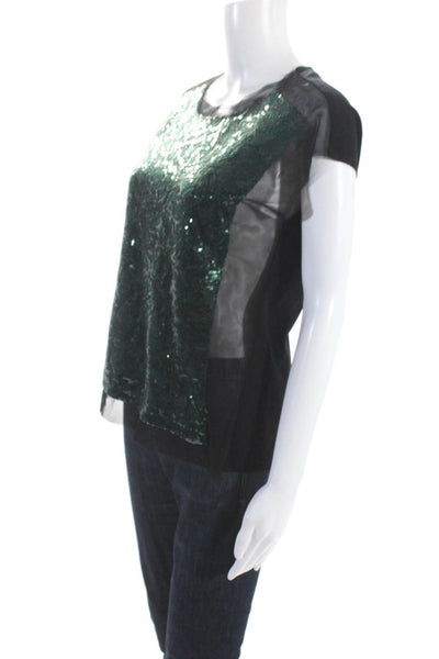 BCBGMAXAZRIA Womens Cap Sleeve Crew Neck Sequin Mesh Top Black Green Size Small