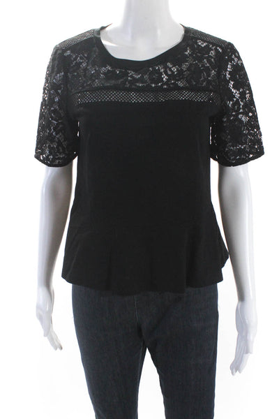 Rebecca Taylor Womens Short Sleeve Lace Trim Boxy Tee Shirt Black Size Small