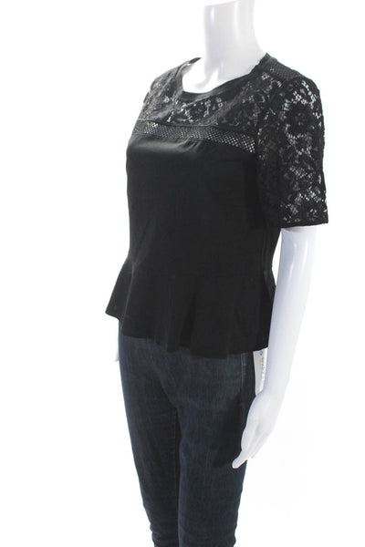 Rebecca Taylor Womens Short Sleeve Lace Trim Boxy Tee Shirt Black Size Small