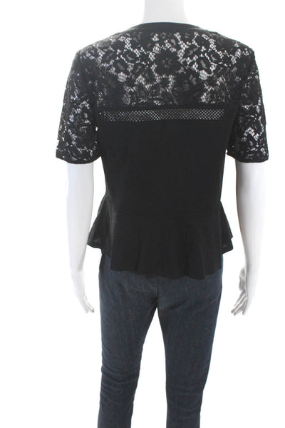 Rebecca Taylor Womens Short Sleeve Lace Trim Boxy Tee Shirt Black Size Small