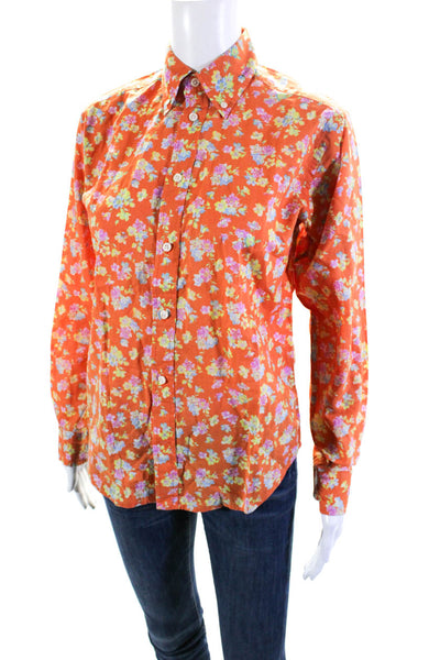 Ralph Lauren Sport Womens Floral Print Button Down Shirt Orange Cotton Size 2