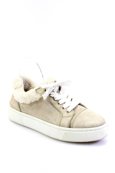 Christian Louboutin Womens Beige Suede Fuzzy Platform Sneakers Shoes Size 8