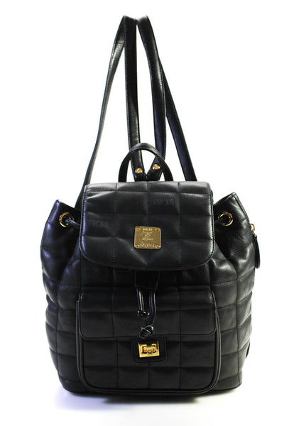 MCM Womens Leather Quilted Gold Tone Bookbag Shoulder Handbag Black